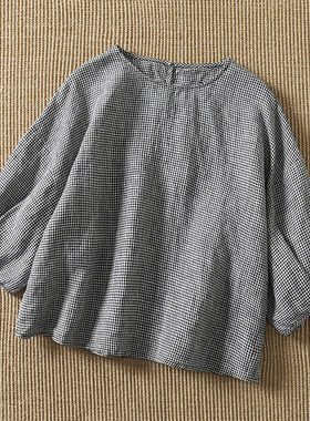 复古格子亚麻气质上衣女夏季文艺大码宽松显瘦七分袖T恤遮肉小衫