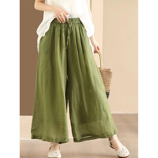 飘逸裙裤 苎麻双层内衬阔腿裤 透气松紧腰系带直筒长裤 薄款 裙女夏季