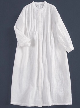 日系白色褶皱棉麻连衣裙女春秋新款宽松显瘦休闲中长款过膝衬衫裙