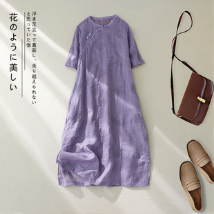 高端棉麻国风禅意改良旗袍连衣裙女夏季 盘扣刺绣开叉a字裙子 中式