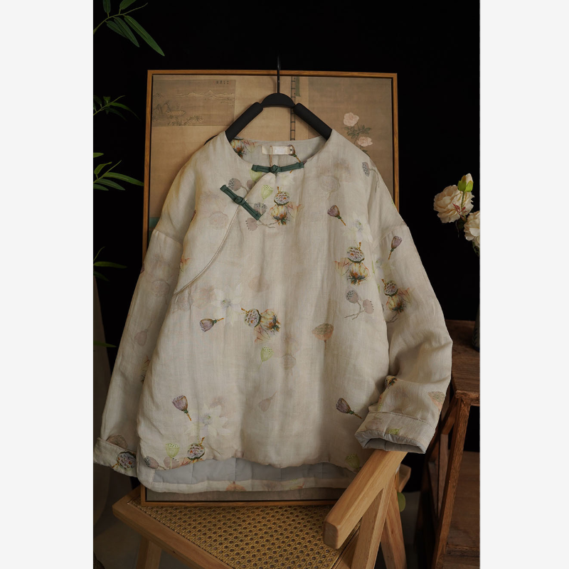 新中式苎麻印花禅意棉衣女冬季圆领斜襟盘扣夹棉保暖外套气质棉袄,女装/女士精品,棉衣/棉服,淘宝优惠券,粉丝福利购,淘宝优惠卷