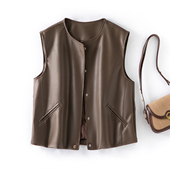 坎肩外套上衣 复古宽松叠穿无袖 欧货高级感pu皮马甲背心女秋装 法式