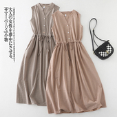 收腰系带显瘦V领背心长裙 连衣裙女夏季 清仓捡漏 日系棉麻条纹无袖
