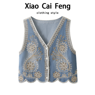 国风重工刺绣牛仔马甲背心女夏季薄款穿搭无袖叠穿坎肩不规则上衣
