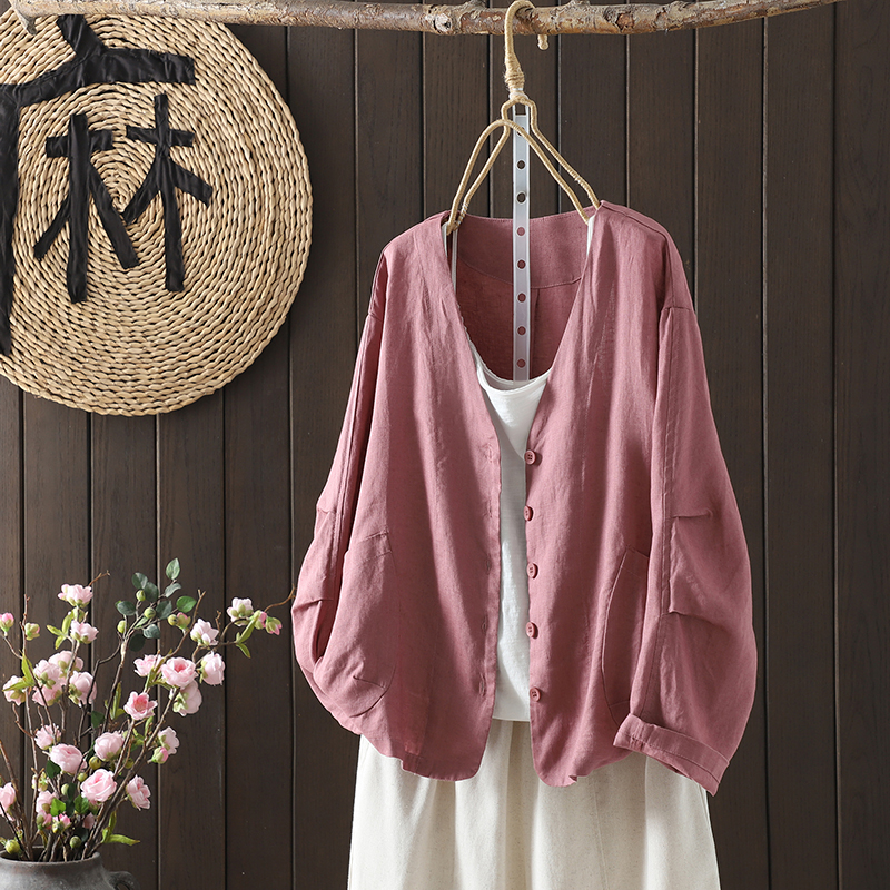 复古V领砂洗棉麻长袖衬衫女春秋季宽松禅意茶服防晒开衫外搭上衣