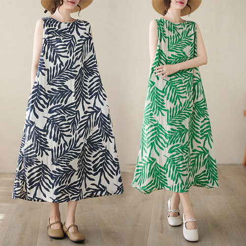 文艺气质棉麻无袖连衣裙女夏季森系印花宽松显瘦亚麻背心度假长裙