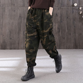 休闲垮裤 大码 潮 裤 女宽松显瘦哈伦牛仔裤 复古高腰帅气军装 迷彩工装