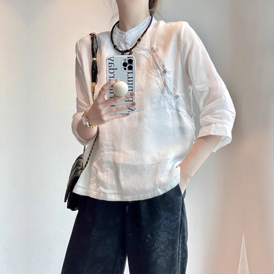 新中式旗袍上衣女夏国风复古仙气苎麻茶服禅意七分袖斜襟盘扣衬衫