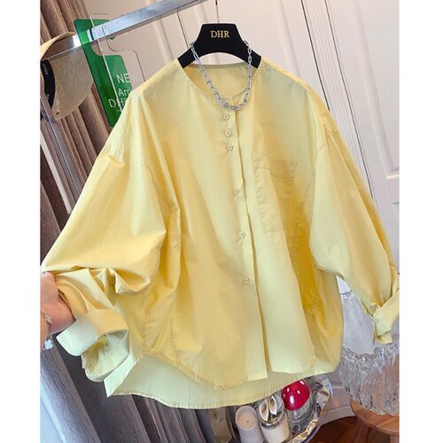 韩系纯色长袖衬衫女春季新款宽松单排扣时尚气质减龄叠穿圆领衬衣