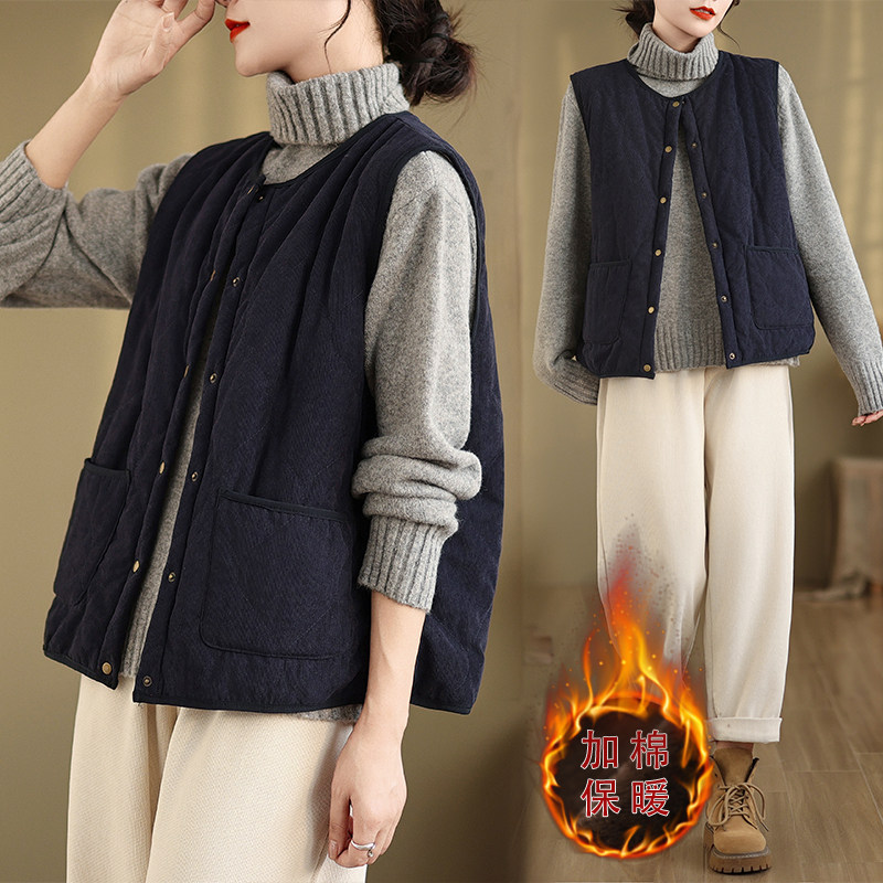复古灯芯绒加棉马甲棉衣女秋冬款叠穿无袖坎肩保暖背心马夹短外套