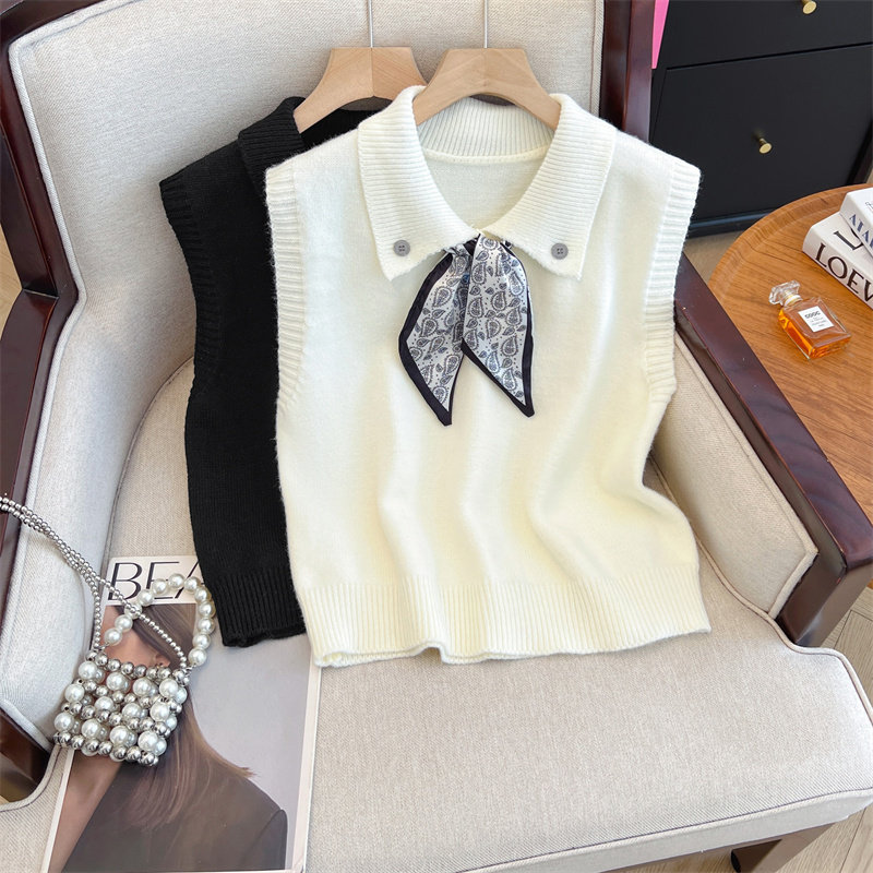 韩系简约气质翻领针织无袖背心女秋装胖mm设计感印花丝巾小衫上衣