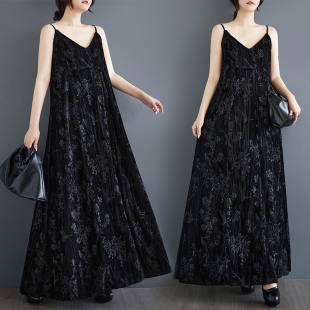 新中式提花高级感V领金丝绒连衣裙秋冬大码胖mm内搭显瘦吊带长裙