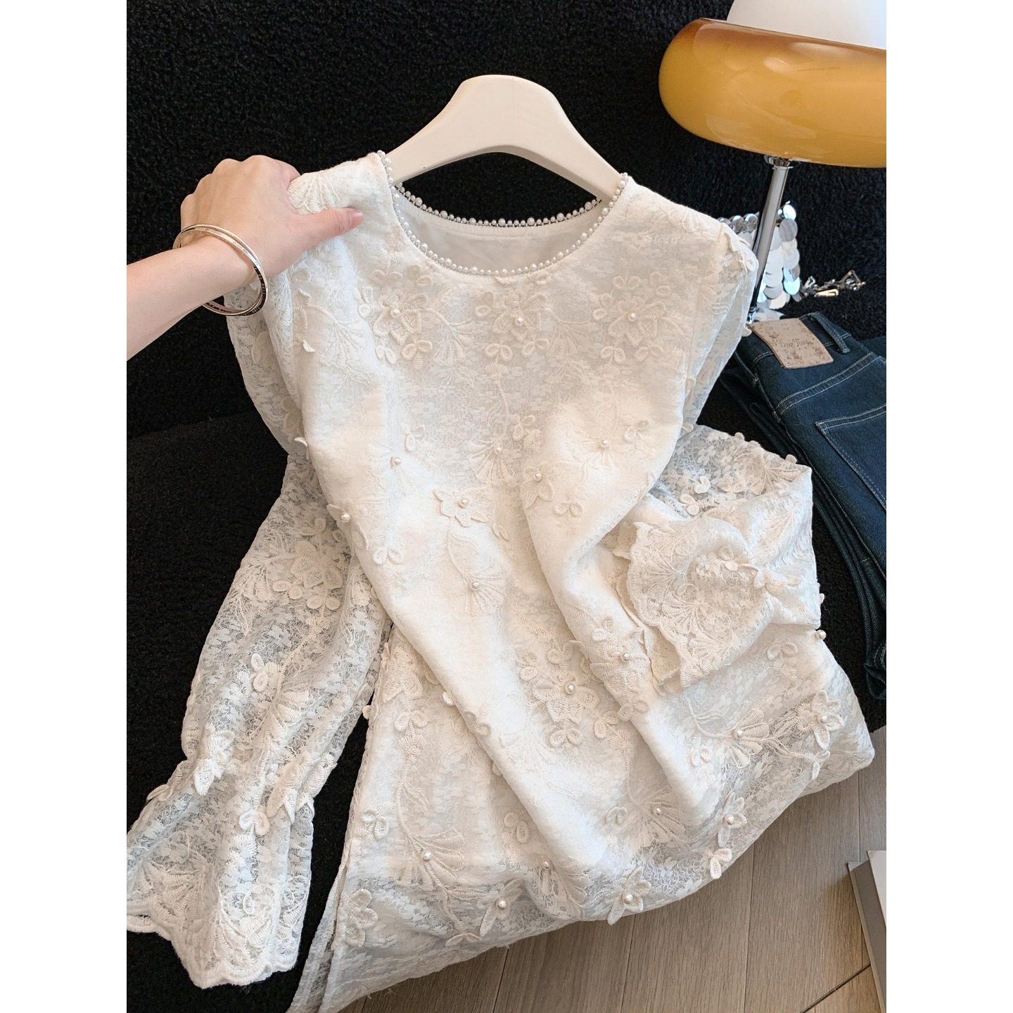 法式重工绣花蕾丝打底衬衫女春秋高级感钉珠气质宽松百搭漂亮上衣