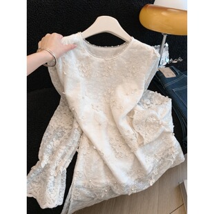 法式重工绣花蕾丝打底衬衫女春秋高级感钉珠气质宽松百搭漂亮上衣