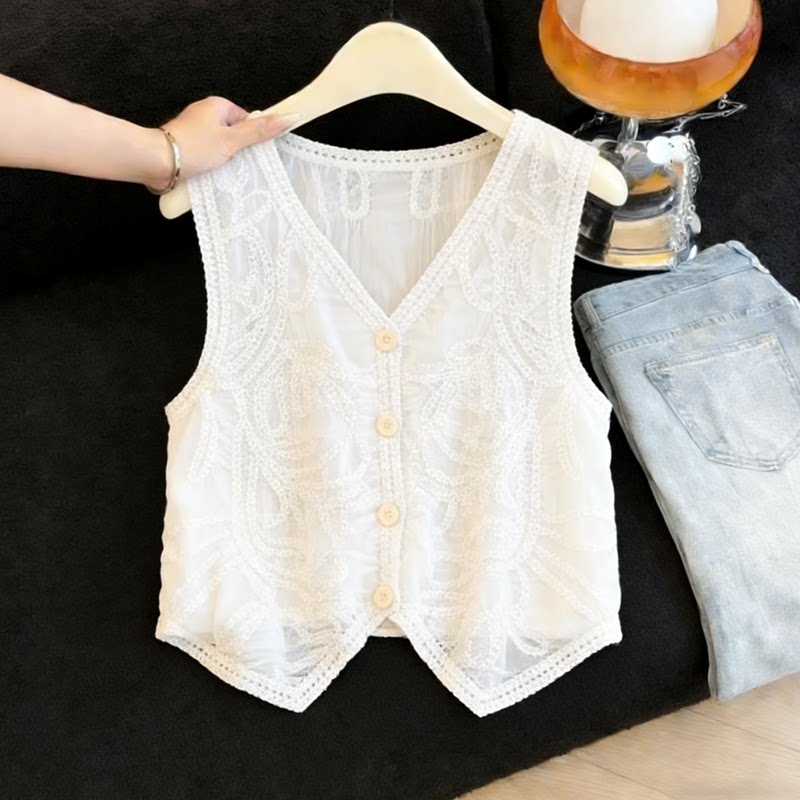 法式复古刺绣V领马甲背心女夏季高级感钩花叠穿短款无袖坎肩上衣