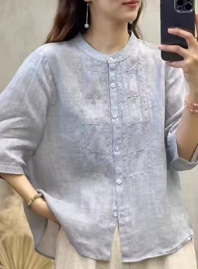 复古国风棉麻刺绣衬衫女夏装新款立领禅意衬衣新中式轻薄中袖上衣