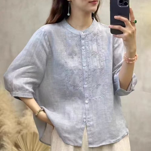 复古国风苎麻刺绣衬衫女夏装新款立领禅意衬衣新中式轻薄亚麻上衣
