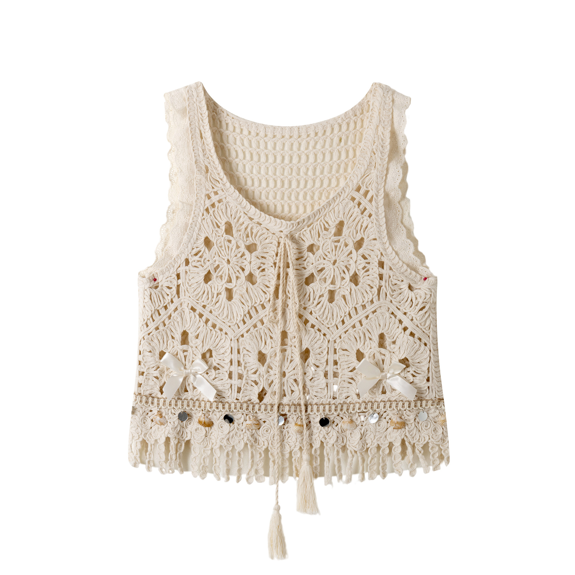 法式洋气编织钩花镂空马甲背心女26夏季薄款流苏系带无袖外搭罩衫