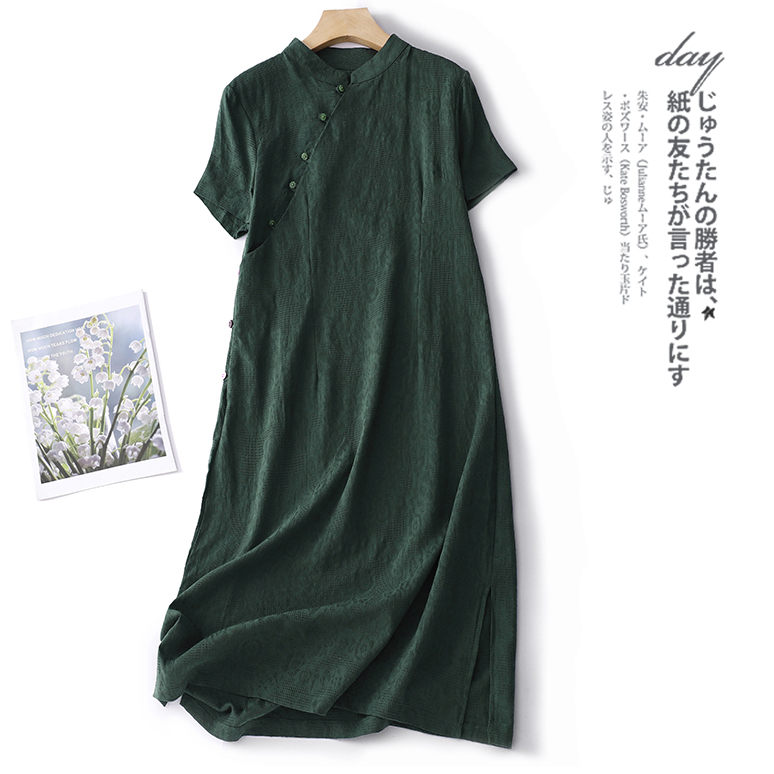 外贸原单复古棉麻短袖连衣裙女