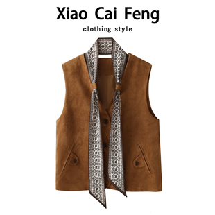 坎肩背心外套 丝巾v领上衣洋气叠穿无袖 欧货麂皮绒马甲女秋装 法式