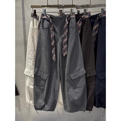 美式复古斜口袋抽绳束脚工装裤女春秋休闲宽松显瘦松弛感阔腿裤潮