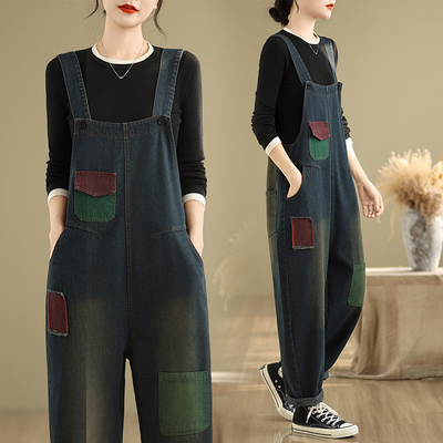 工装牛仔背带裤女春秋大码胖mm洋气贴布遮肉哈伦裤休闲吊带连体裤