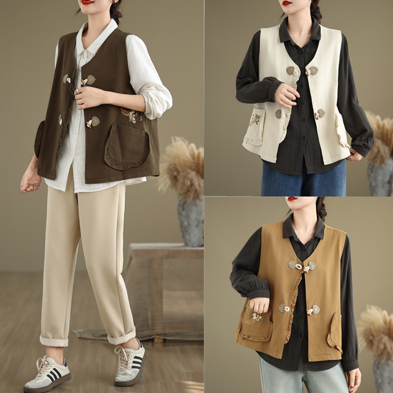 日系复古牛角扣马甲外套女春秋文艺刺绣无袖坎肩外搭叠穿衬衫上衣