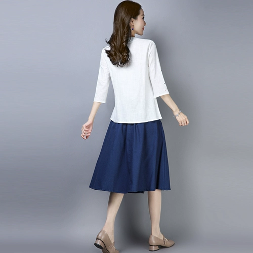 Этническая летняя футболка, этнический стиль, с вышивкой, из хлопка и льна, свободный крой, облегающий крой, короткий рукав