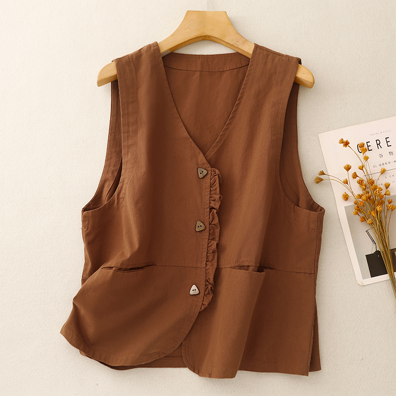 复古木耳边V领工装马甲女秋装休闲开衫背心马夹无袖坎肩百搭上衣