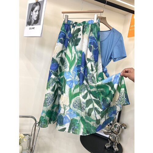 欧货油画印花苎麻半身裙女夏季松紧高腰垂感飘逸a字中长款大摆裙