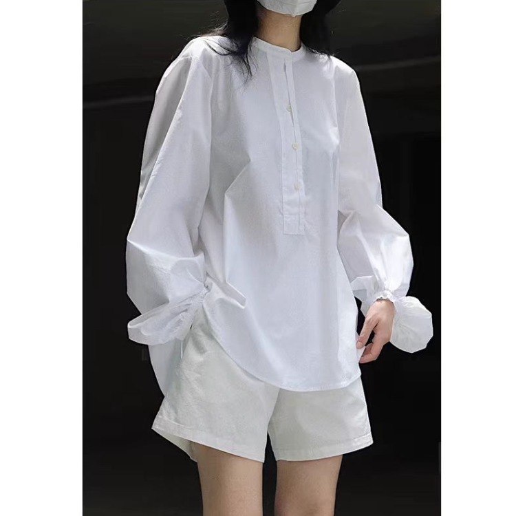 设计感小众圆领灯笼袖衬衫女春秋宽松显瘦法式衬衣廓形极简风上衣