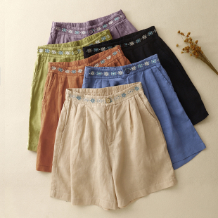 女宽松休闲a字五分热裤 重工刺绣棉麻短裤 裙 日系文艺中式 清仓捡漏