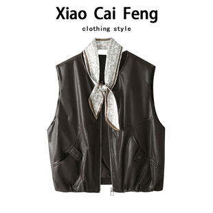 韩版 高级感气质叠穿夹克坎肩上衣 配丝巾系带PU皮衣马甲外套女秋季