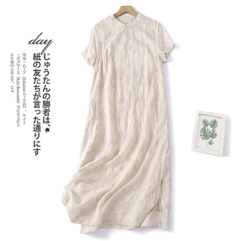 新中式国风苎麻刺绣连衣裙女夏季新款日常穿搭改良旗袍气质长裙子