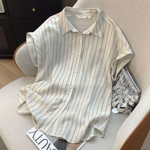 日系复古条纹亚麻短袖衬衫女夏季新款休闲开衫大码高级感棉麻上衣