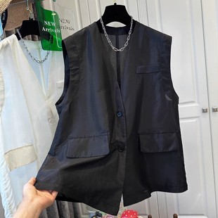 复古黑色棉麻马甲背心外套女夏宽松休闲叠穿轻薄V领坎肩无袖上衣