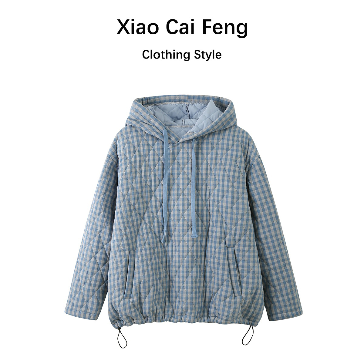 小清新减龄蓝色格子连帽卫衣式棉服女冬季慵懒风百搭套头棉袄外套