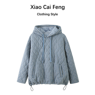 小清新减龄蓝色格子连帽卫衣式棉服女冬季慵懒风百搭套头棉袄外套