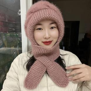 新款纯手工编织棋盘松鼠帽子风雪帽女士 一体围巾带帽子女士帽子