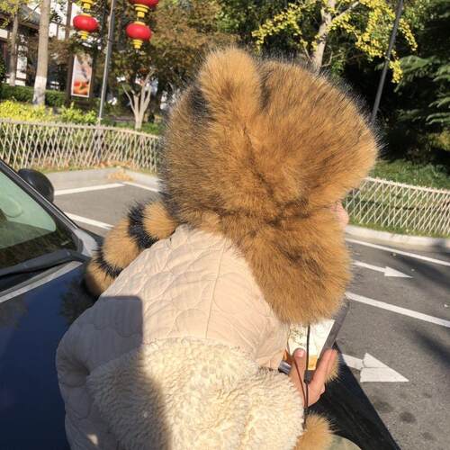 网红超萌小浣熊霸王帽防寒护耳仿貉子毛秋冬老虎亲子保暖雷锋一体