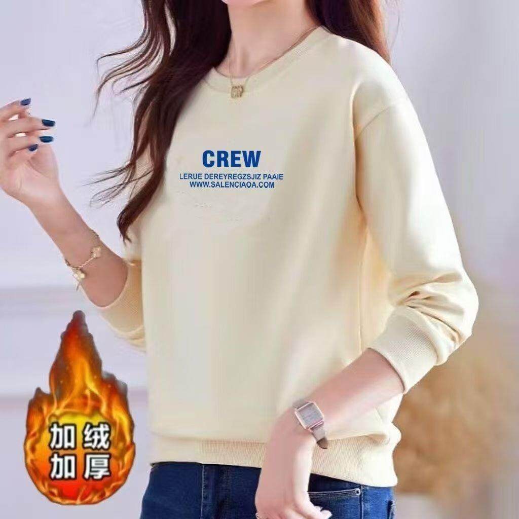 女款保暖加绒长袖卫衣冬季韩版休闲圆领短款上衣宽松洋气潮流CREW