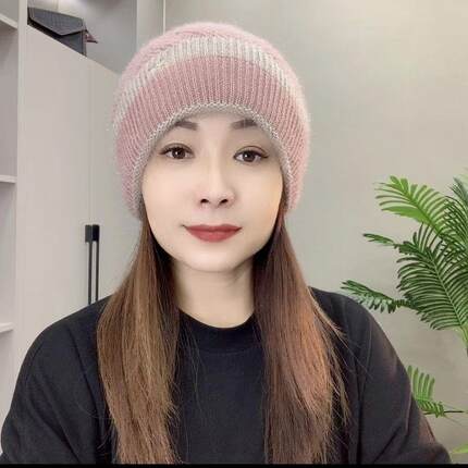 冬季新款针织松鼠百搭撞色条纹蓓蕾时尚女帽双层舒适加厚柔软保暖