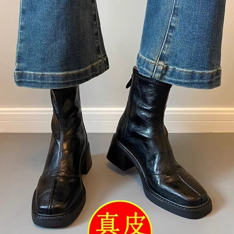 2025手工复古女鞋短靴女方头小众弹力靴秋冬加绒粗跟马丁靴瘦瘦靴,女鞋,马丁靴,淘宝优惠券,粉丝福利购,淘宝优惠卷
