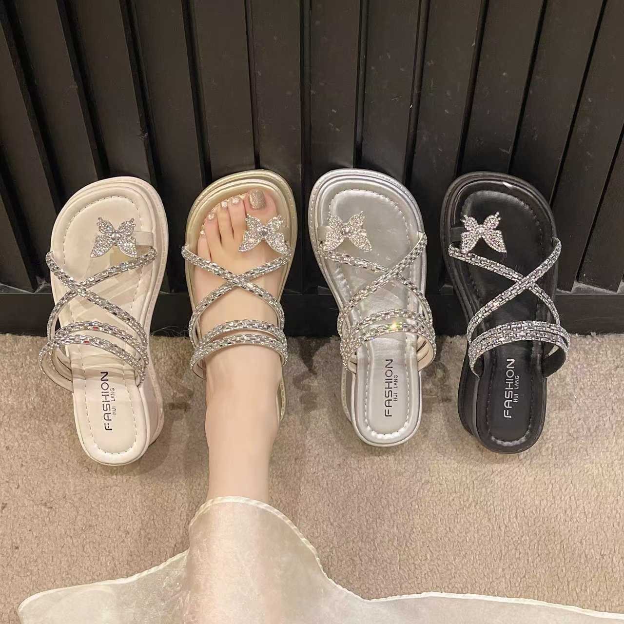 蝴蝶水钻套趾厚底两穿凉鞋女夏季