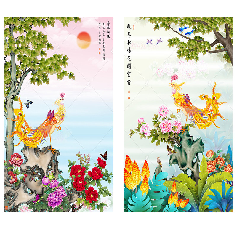 丹凤朝阳客厅玄关挂画富贵吉祥牡丹花金凤凰走廊过道墙画自贴布画