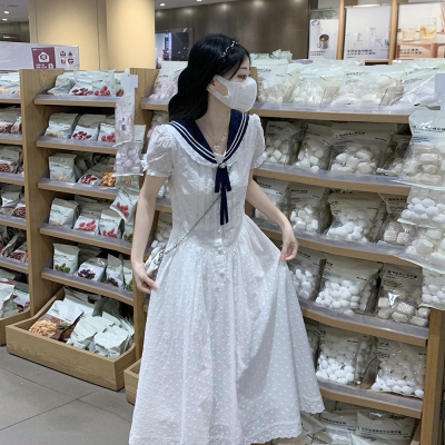 学院风连衣裙女夏2025新款法式甜美减龄收腰显瘦海军领白色长裙子