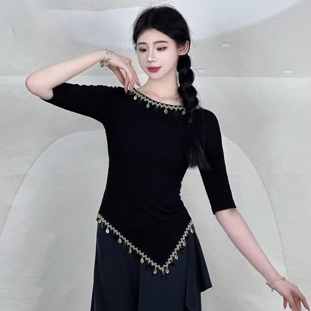中国古典舞上衣名族风舞蹈服练功服不规则中袖广场舞蹈演出服女