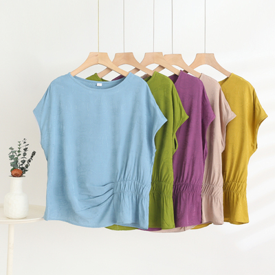 中老年妈妈衫夏季棉绸斜纹提花褶皱腰套头上衣薄款加大码人造棉衫