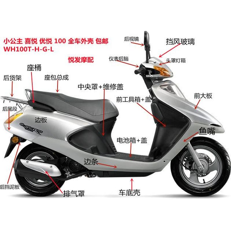 适用五羊本田小公主喜悦优悦WH100T全车壳外壳边条灯箱前面板边板