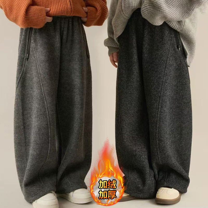 女童加绒加厚呢子长裤2025新款中大童女孩时尚洋气宽松版弯刀裤潮